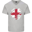 Torn Flag England English Mens V-Neck Cotton T-Shirt Sports Grey