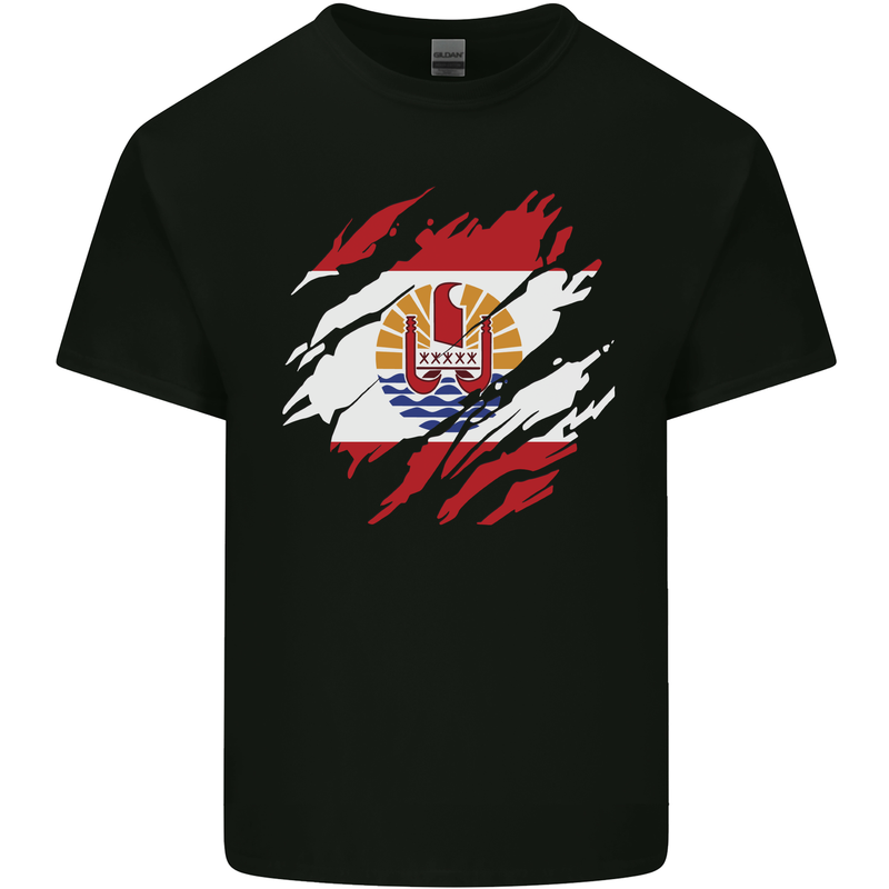Torn Flag French Polynesia Mens Cotton T-Shirt Tee Top Black