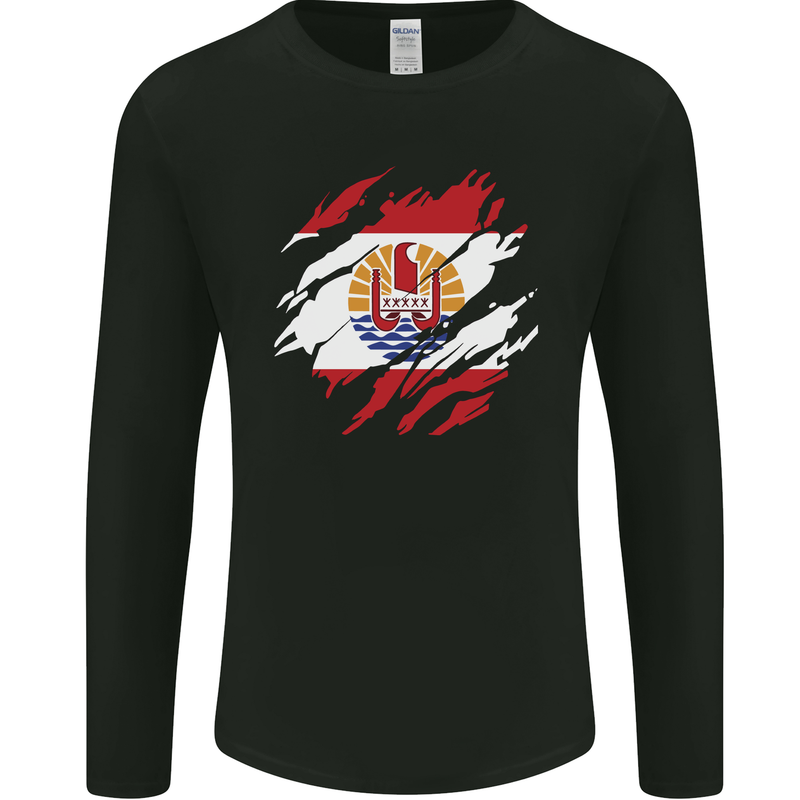 Torn Flag French Polynesia Mens Long Sleeve T-Shirt Black
