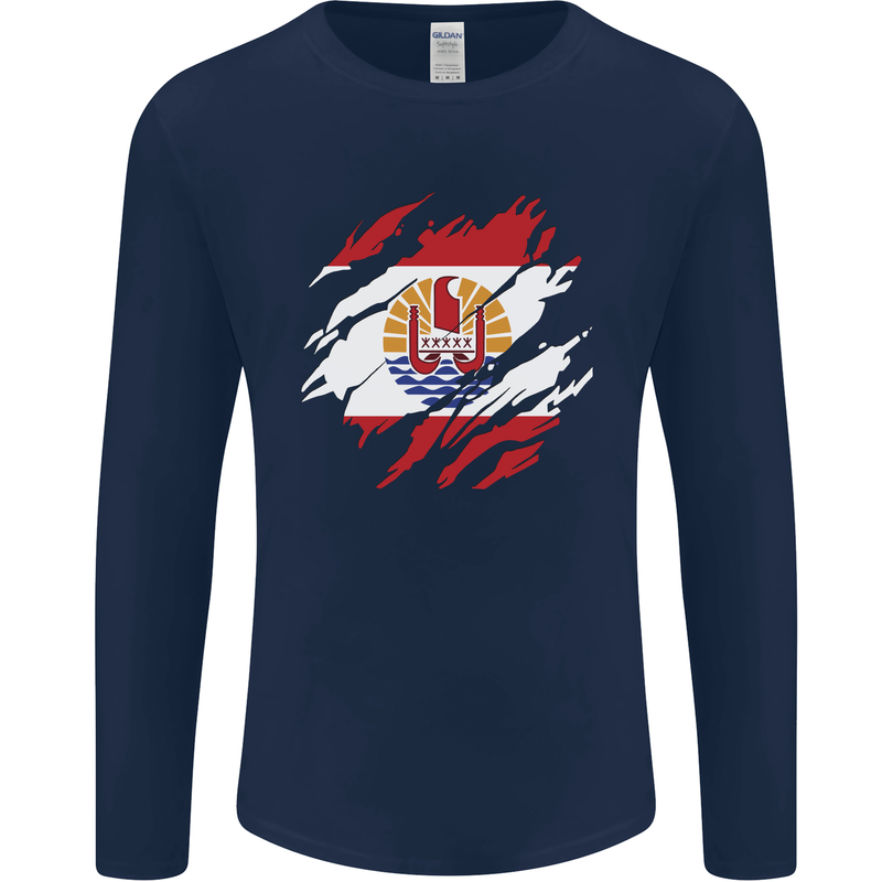 Torn Flag French Polynesia Mens Long Sleeve T-Shirt Navy Blue