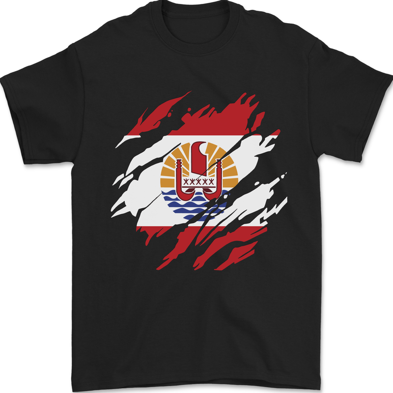 Torn Flag French Polynesia Mens T-Shirt 100% Cotton Black
