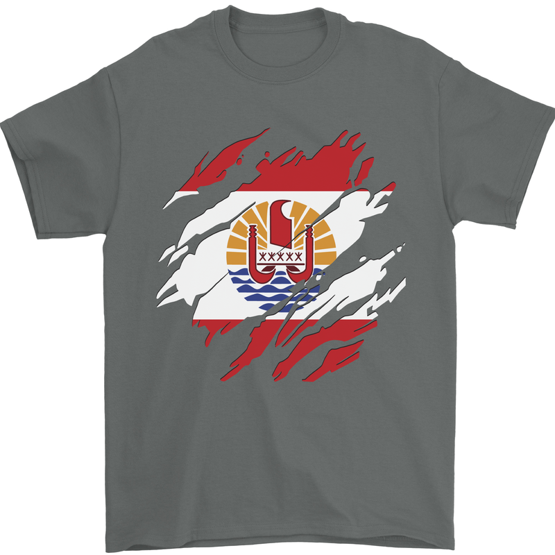 Torn Flag French Polynesia Mens T-Shirt 100% Cotton Charcoal