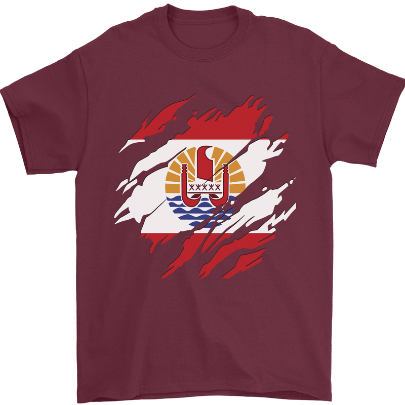 Torn Flag French Polynesia Mens T-Shirt 100% Cotton Maroon