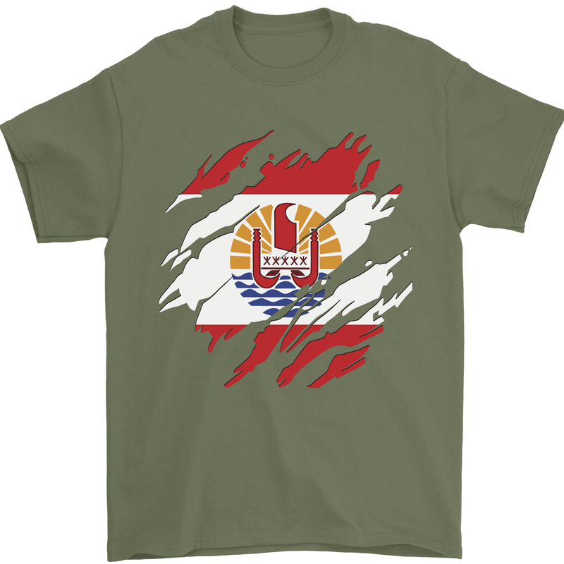 Torn Flag French Polynesia Mens T-Shirt 100% Cotton Military Green