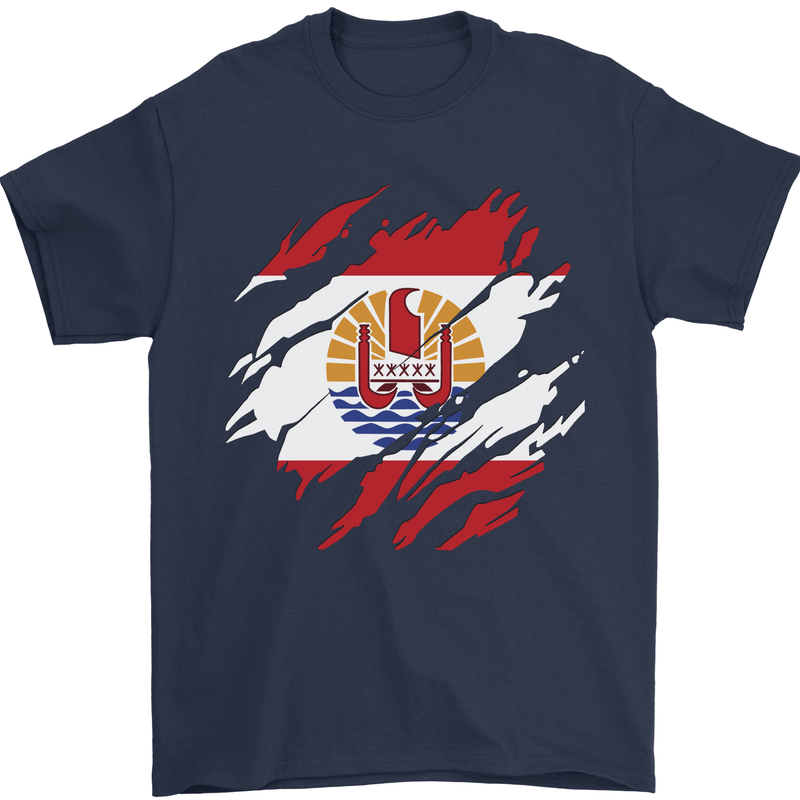 Torn Flag French Polynesia Mens T-Shirt 100% Cotton Navy Blue