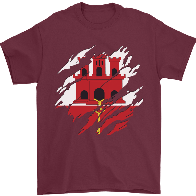 Torn Flag Gibraltar Mens T-Shirt 100% Cotton Maroon