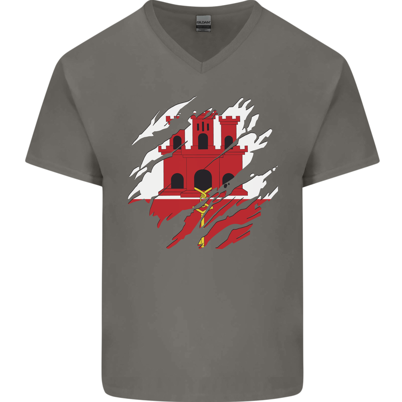 Torn Flag Gibraltar Mens V-Neck Cotton T-Shirt Charcoal