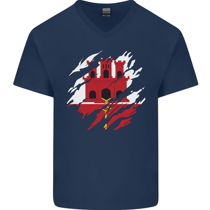 Torn Flag Gibraltar Mens V-Neck Cotton T-Shirt Navy Blue