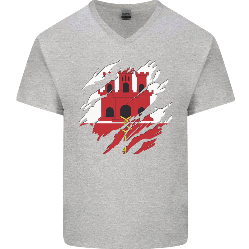 Torn Flag Gibraltar Mens V-Neck Cotton T-Shirt Sports Grey