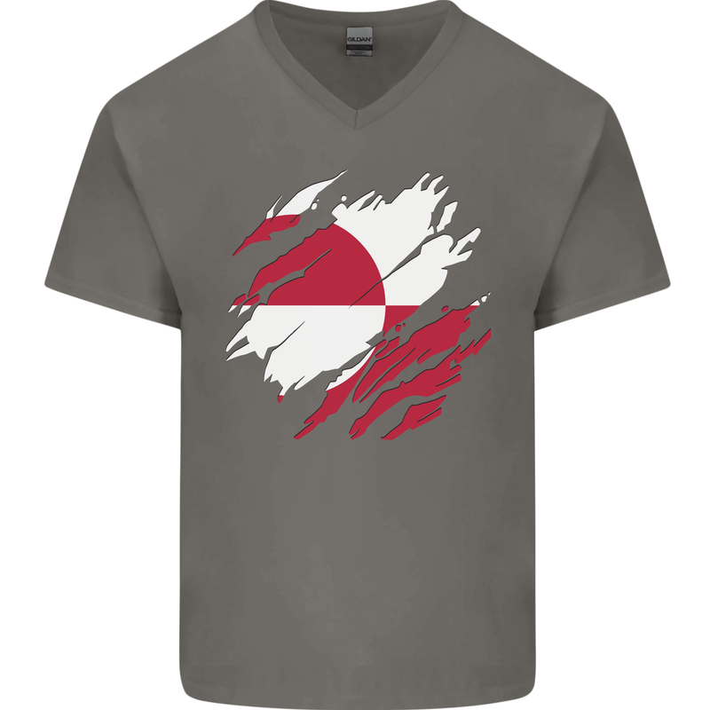 Torn Flag Greenland Mens V-Neck Cotton T-Shirt Charcoal