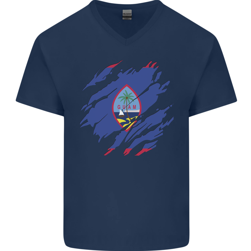 Torn Flag Guam Mens V-Neck Cotton T-Shirt Navy Blue