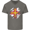 Torn Flag Guensey Mens V-Neck Cotton T-Shirt Charcoal