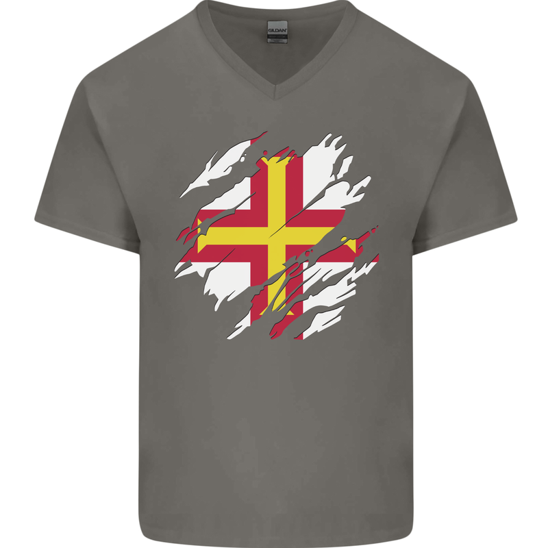 Torn Flag Guensey Mens V-Neck Cotton T-Shirt Charcoal
