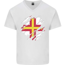 Torn Flag Guensey Mens V-Neck Cotton T-Shirt White