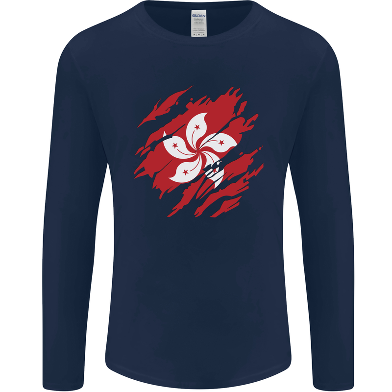 Torn Flag Hong Kong Mens Long Sleeve T-Shirt Navy Blue