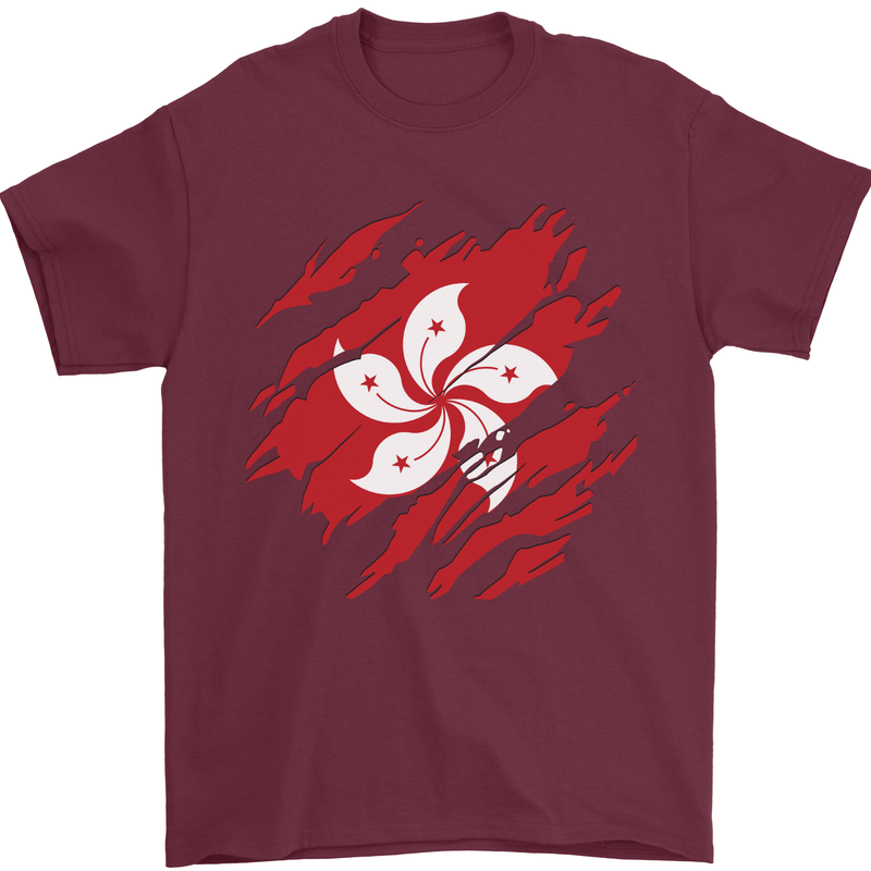 Torn Flag Hong Kong Mens T-Shirt 100% Cotton Maroon