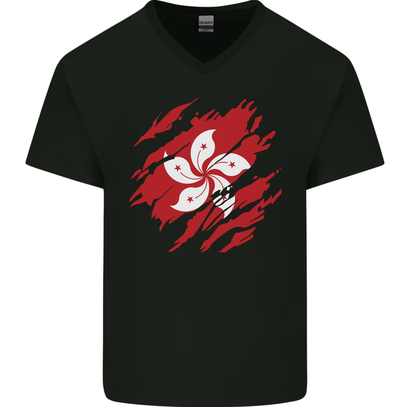 Torn Flag Hong Kong Mens V-Neck Cotton T-Shirt Black