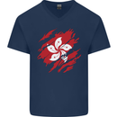 Torn Flag Hong Kong Mens V-Neck Cotton T-Shirt Navy Blue
