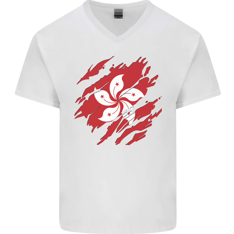 Torn Flag Hong Kong Mens V-Neck Cotton T-Shirt White