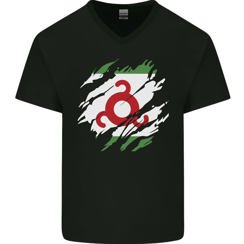 Torn Flag Ingushetia Mens V-Neck Cotton T-Shirt Black