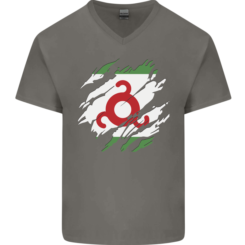 Torn Flag Ingushetia Mens V-Neck Cotton T-Shirt Charcoal
