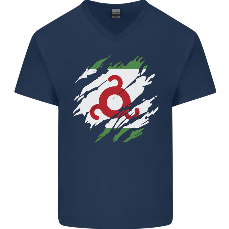 Torn Flag Ingushetia Mens V-Neck Cotton T-Shirt Navy Blue