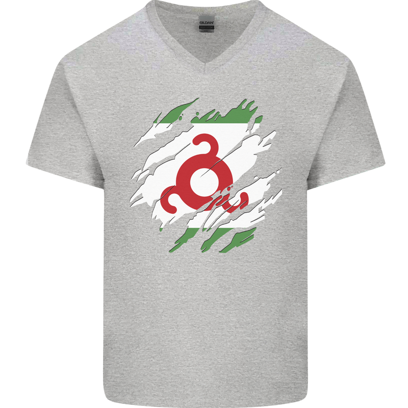 Torn Flag Ingushetia Mens V-Neck Cotton T-Shirt Sports Grey