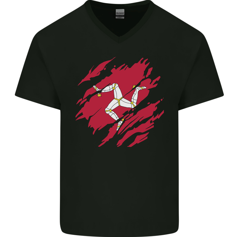 Torn Flag Isle of Man Mens V-Neck Cotton T-Shirt Black