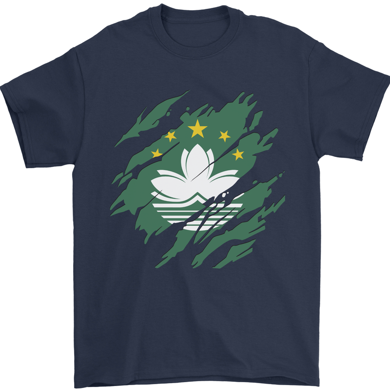 Torn Flag Macau Mens T-Shirt 100% Cotton Navy Blue