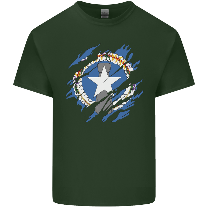Torn Flag Northern Mariana Islands Mens Cotton T-Shirt Tee Top Forest Green