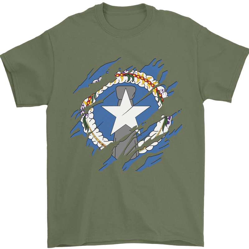Torn Flag Northern Mariana Islands Mens T-Shirt 100% Cotton Military Green