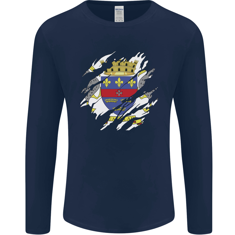 Torn Flag Saint Barthelemy Mens Long Sleeve T-Shirt Navy Blue