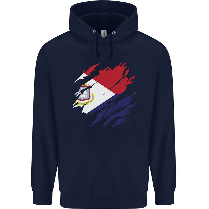 Torn Flag Saint Martin Mens 80% Cotton Hoodie Navy Blue