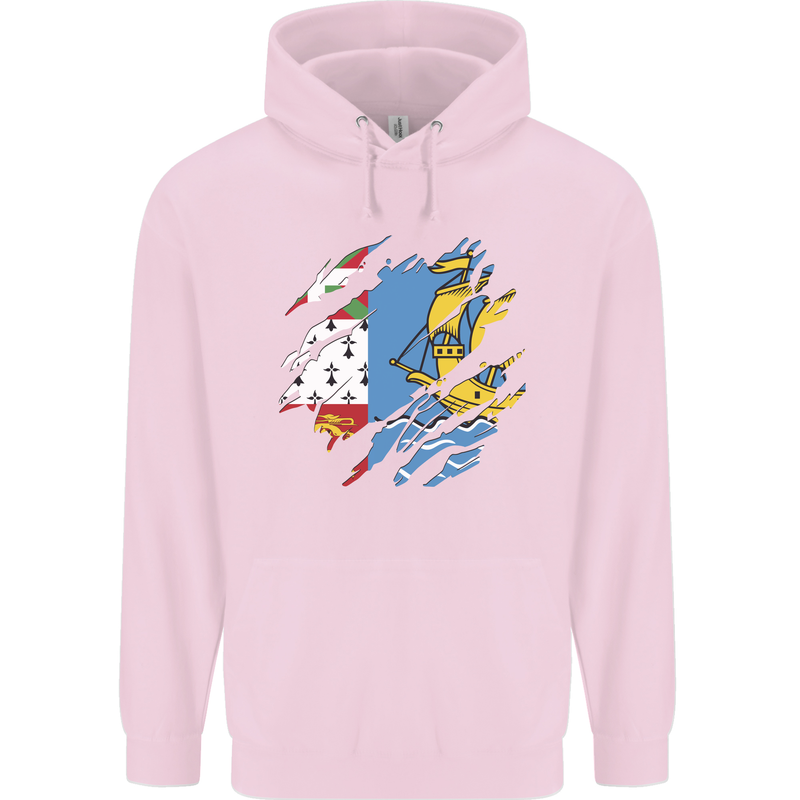 Torn Flag Saint Pierre and Miquelon Mens 80% Cotton Hoodie Light Pink