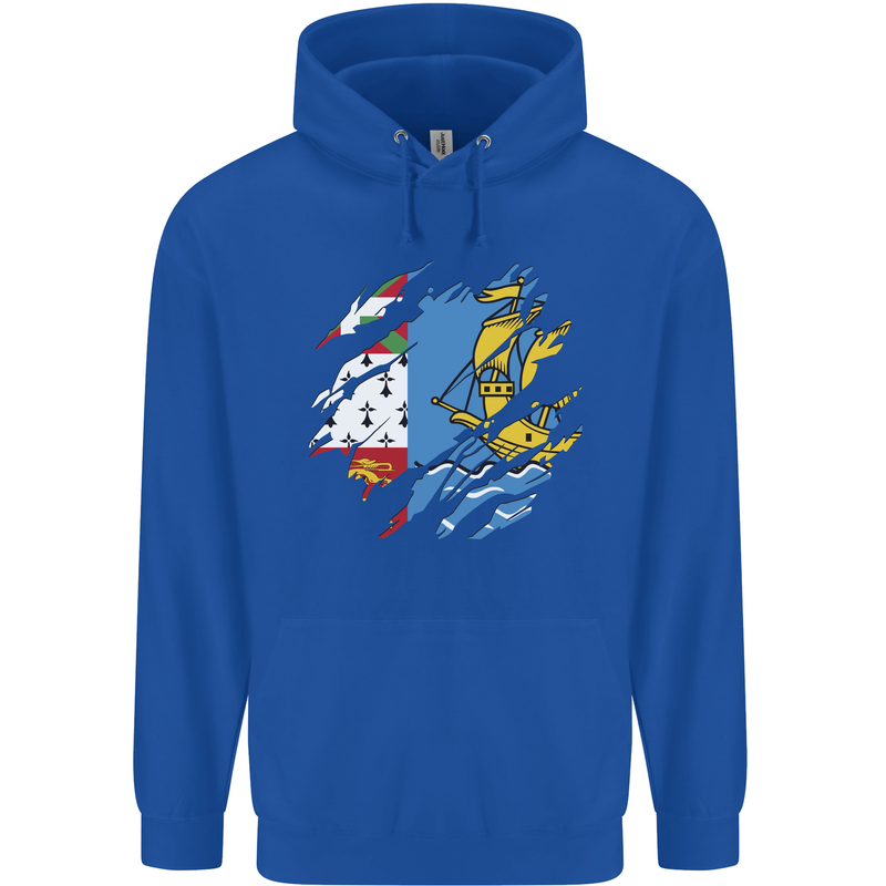Torn Flag Saint Pierre and Miquelon Mens 80% Cotton Hoodie Royal Blue