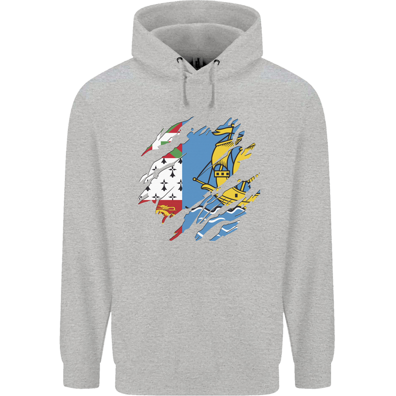 Torn Flag Saint Pierre and Miquelon Mens 80% Cotton Hoodie Sports Grey