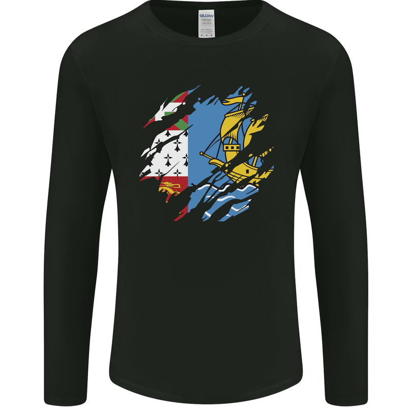 Torn Flag Saint Pierre and Miquelon Mens Long Sleeve T-Shirt Black
