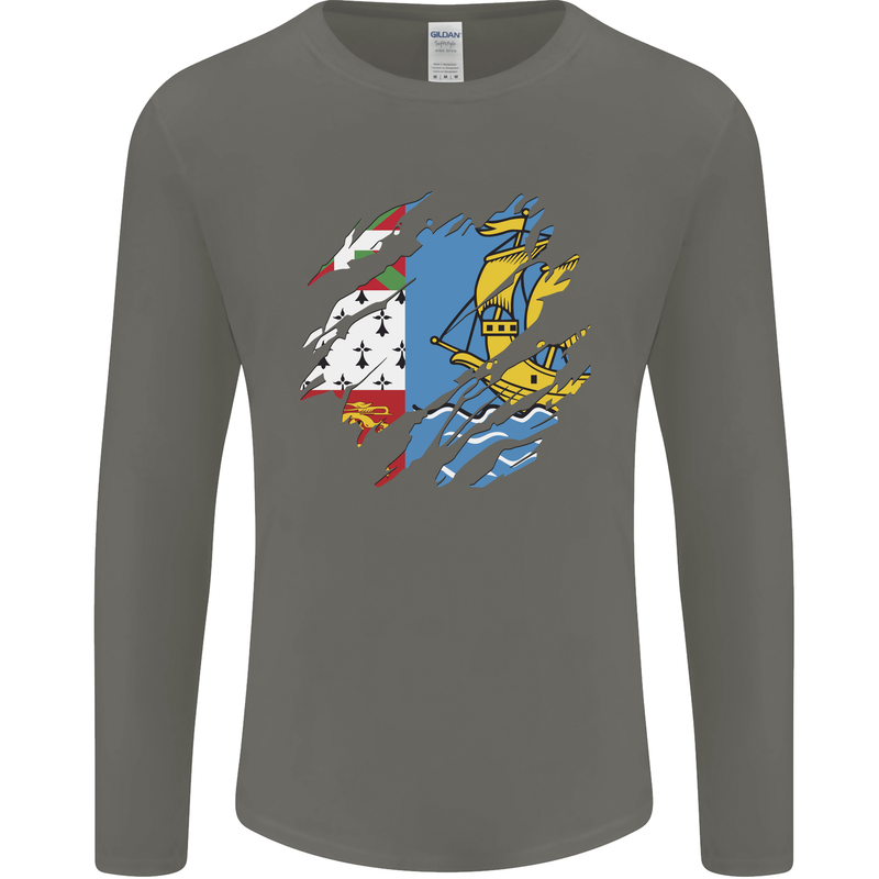 Torn Flag Saint Pierre and Miquelon Mens Long Sleeve T-Shirt Charcoal