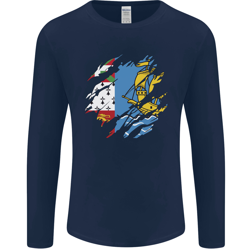Torn Flag Saint Pierre and Miquelon Mens Long Sleeve T-Shirt Navy Blue