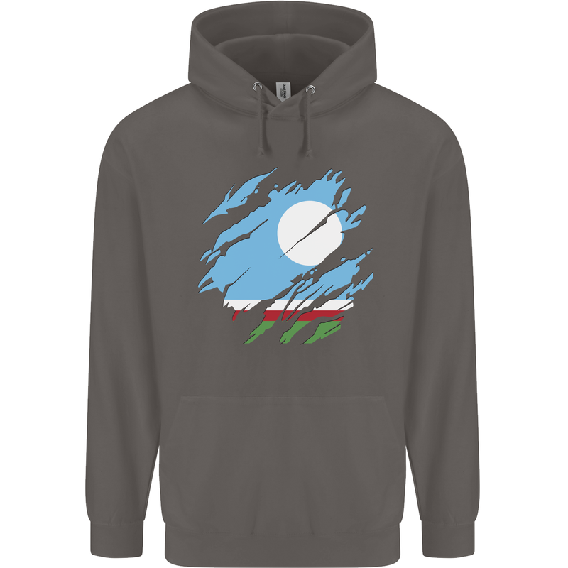Torn Flag Sakha Republic Mens 80% Cotton Hoodie Charcoal