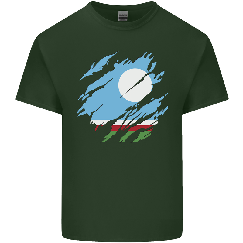 Torn Flag Sakha Republic Mens Cotton T-Shirt Tee Top Forest Green