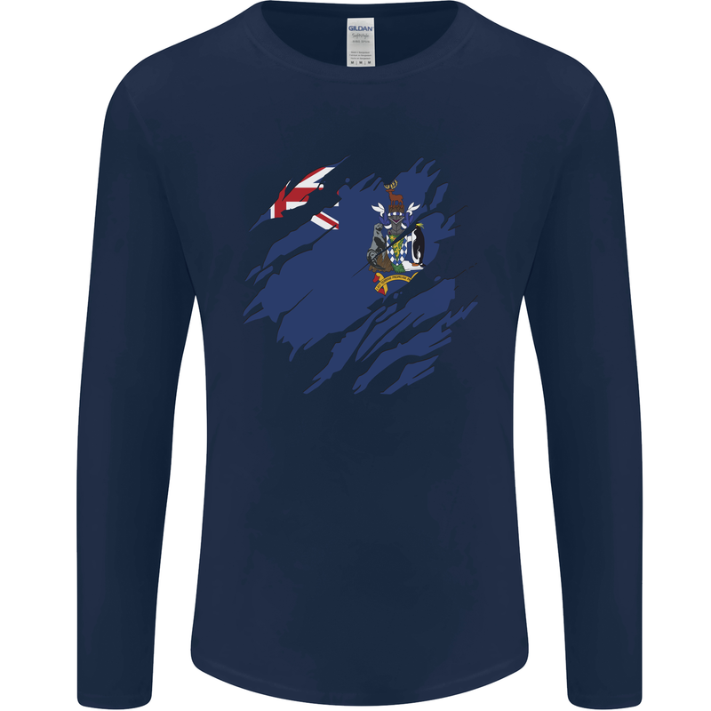 Torn Flag South Georgia and Sandwich Islands Mens Long Sleeve T-Shirt Navy Blue