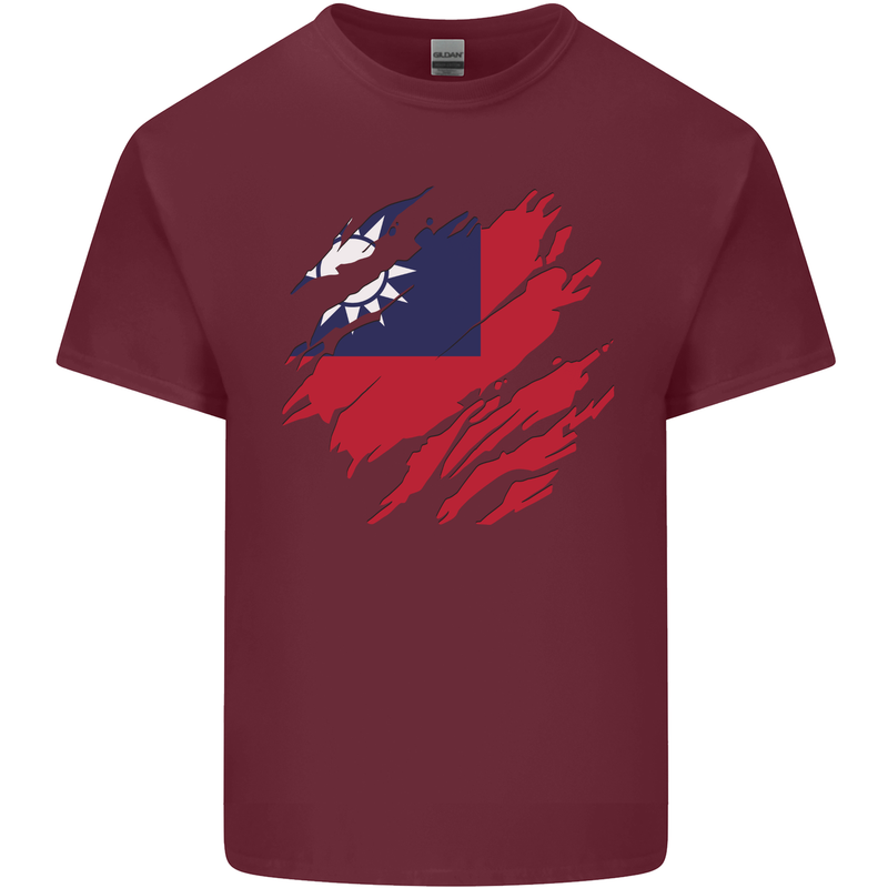 Torn Flag Taiwan Mens Cotton T-Shirt Tee Top Maroon