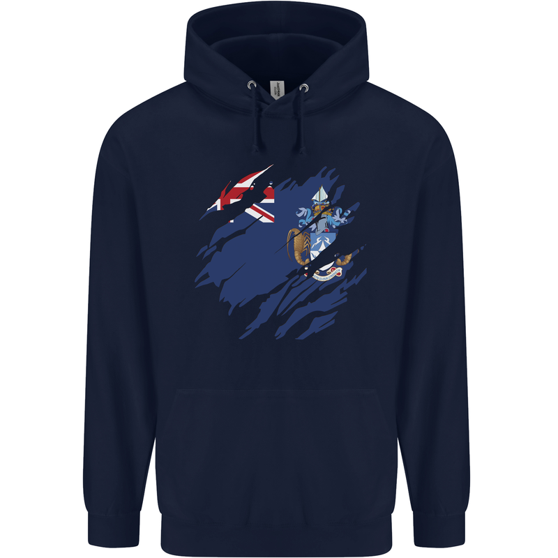 Torn Flag Tristan da Cunha Mens 80% Cotton Hoodie Navy Blue