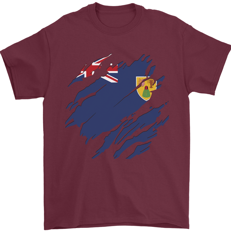 Torn Flag Turks and Caicos Islands Mens T-Shirt 100% Cotton Maroon