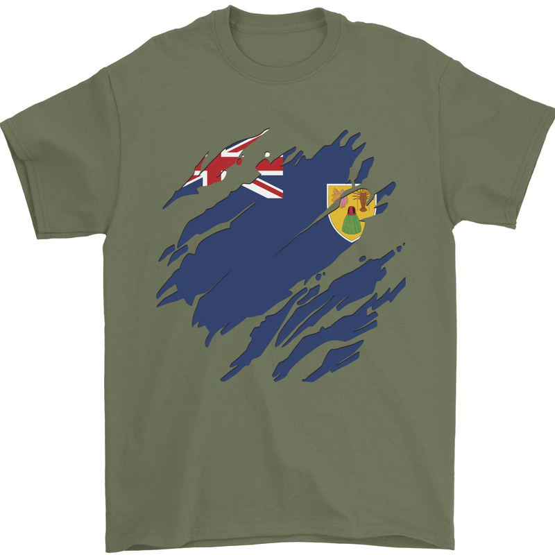 Torn Flag Turks and Caicos Islands Mens T-Shirt 100% Cotton Military Green