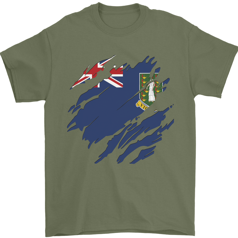 Torn Flag Virgin Islands UK Mens T-Shirt 100% Cotton Military Green