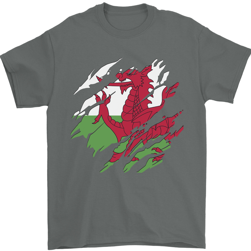 Torn Flag Wales Welsh Mens T-Shirt 100% Cotton Charcoal