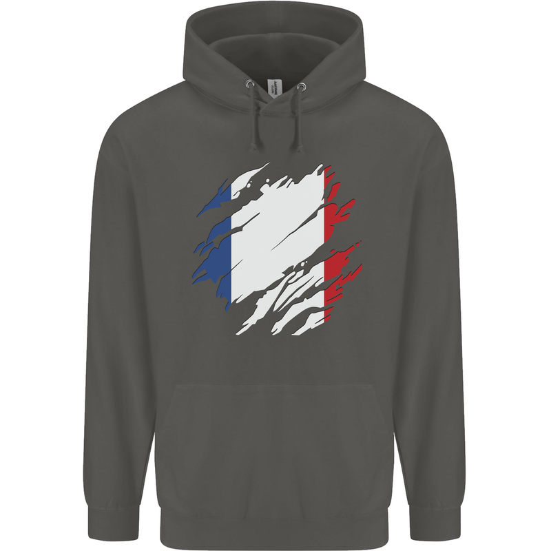 Torn France Flag French Day Football Childrens Kids Hoodie Storm Grey