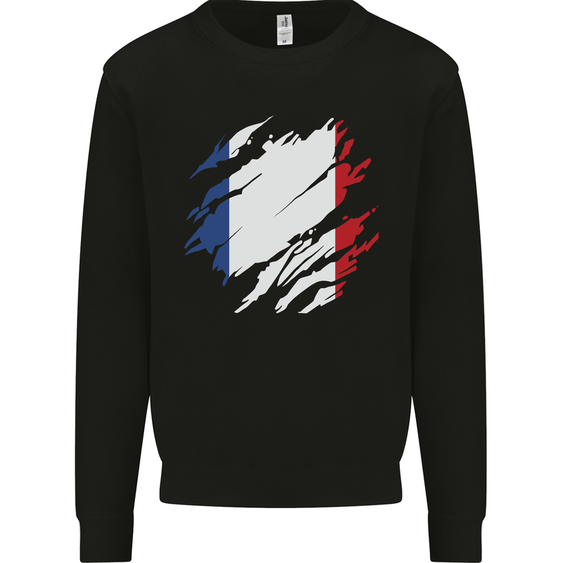 Torn France Flag French Day Football Kids Sweatshirt Jumper Black